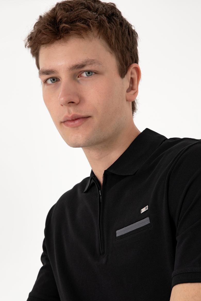 Erkek Regular Fit Fermuarlı Siyah Tişört - 50306788034