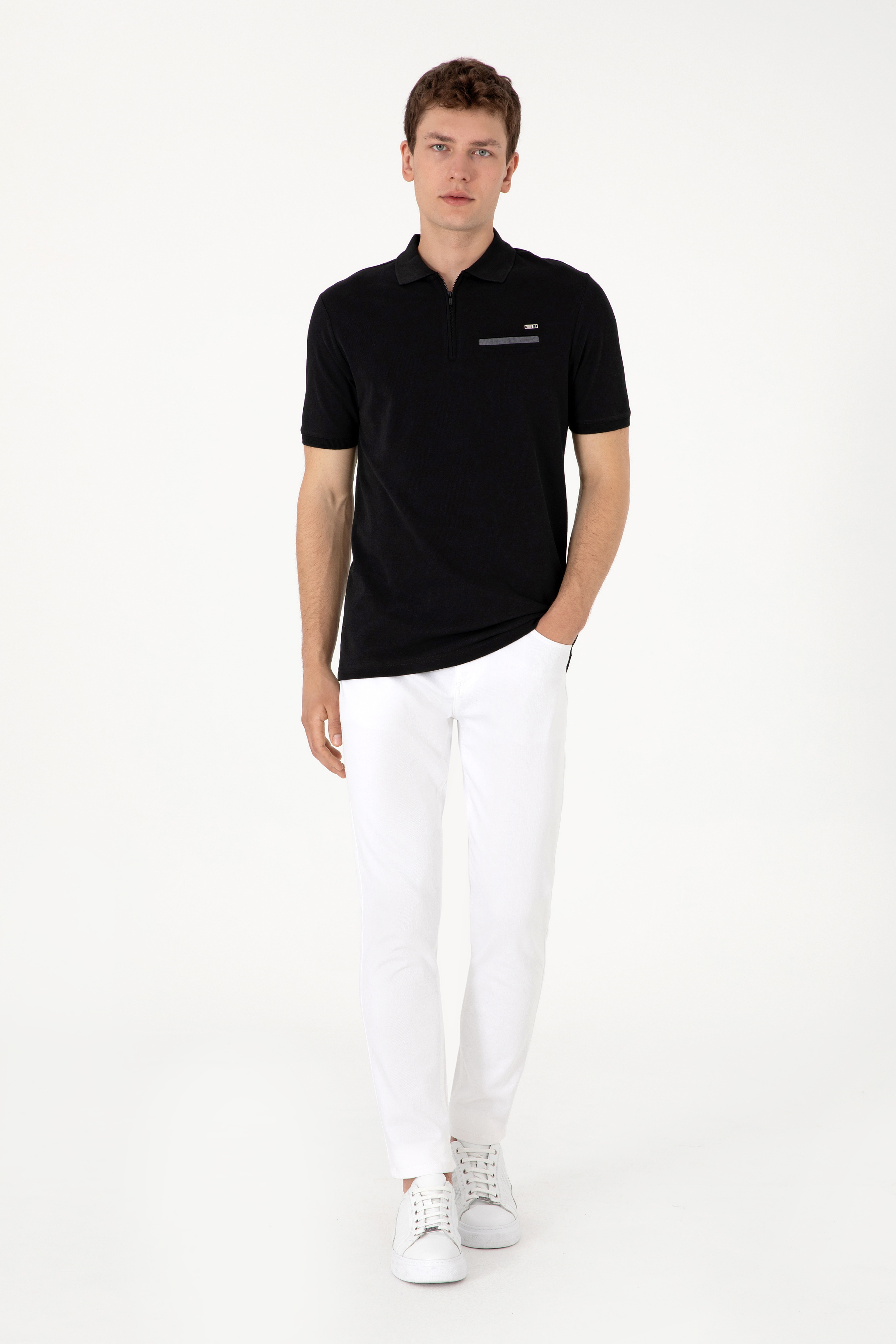 Erkek Regular Fit Fermuarlı Siyah Tişört - Image 4