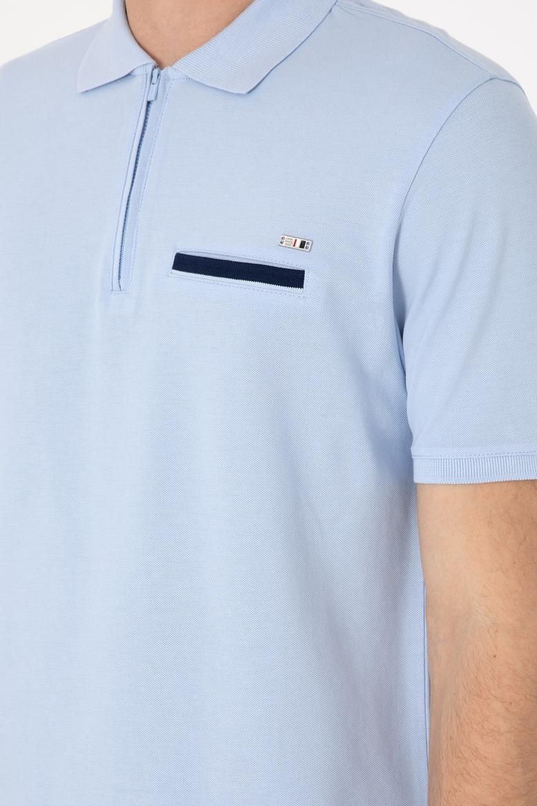 Erkek Regular Fit Fermuarlı Açık Mavi Tişört - 50306788007