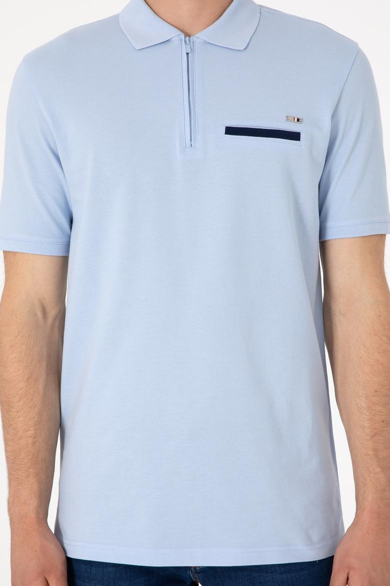 Erkek Regular Fit Fermuarlı Açık Mavi Tişört - 50306788007