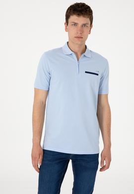 Erkek Regular Fit Fermuarlı Açık Mavi Tişört - 50306788007