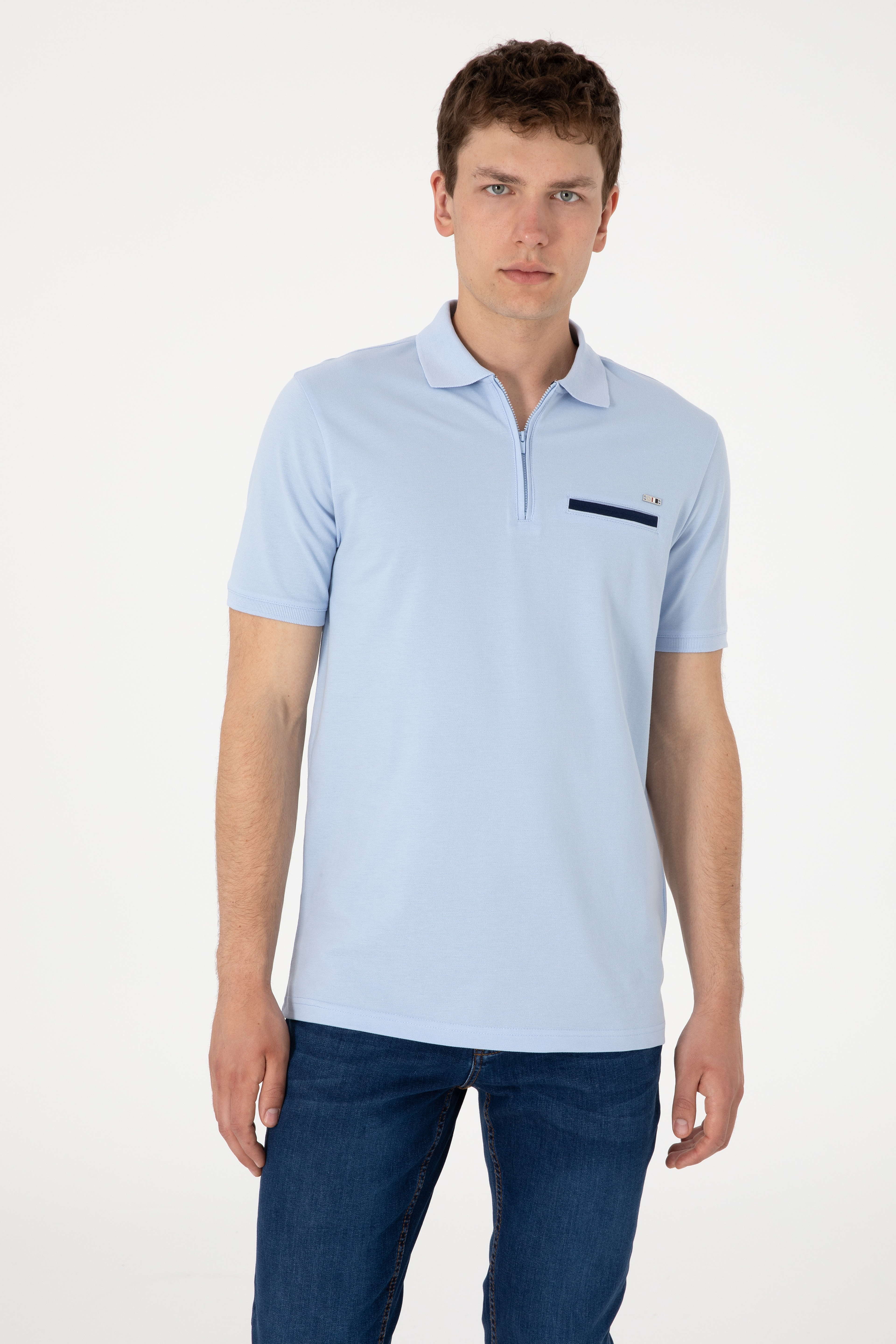 Erkek Regular Fit Fermuarlı Açık Mavi Tişört - Image 1