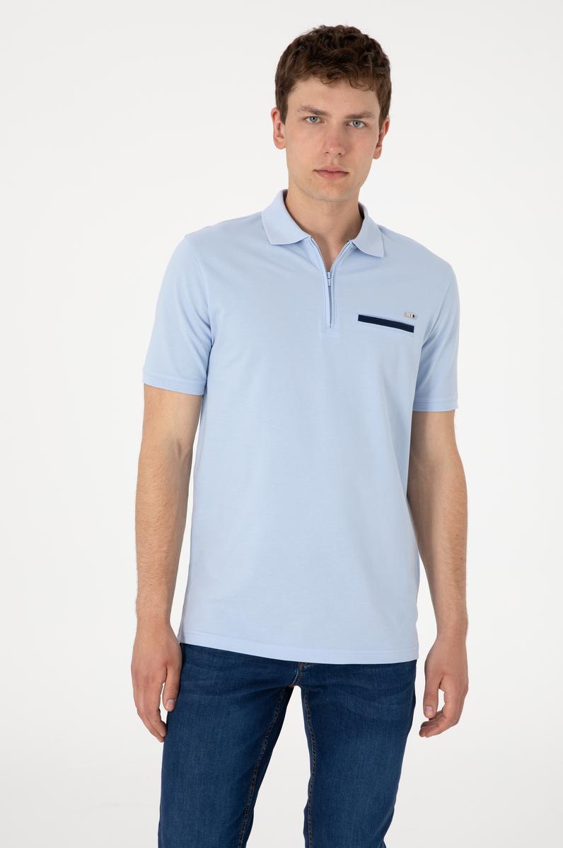 Erkek Regular Fit Fermuarlı Açık Mavi Tişört
