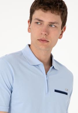 Erkek Regular Fit Fermuarlı Açık Mavi Tişört - 50306788007