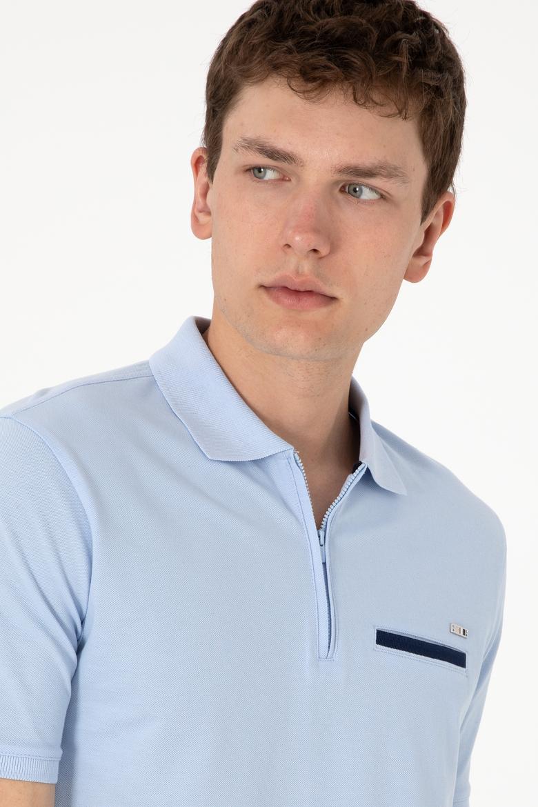 Erkek Regular Fit Fermuarlı Açık Mavi Tişört - 50306788007