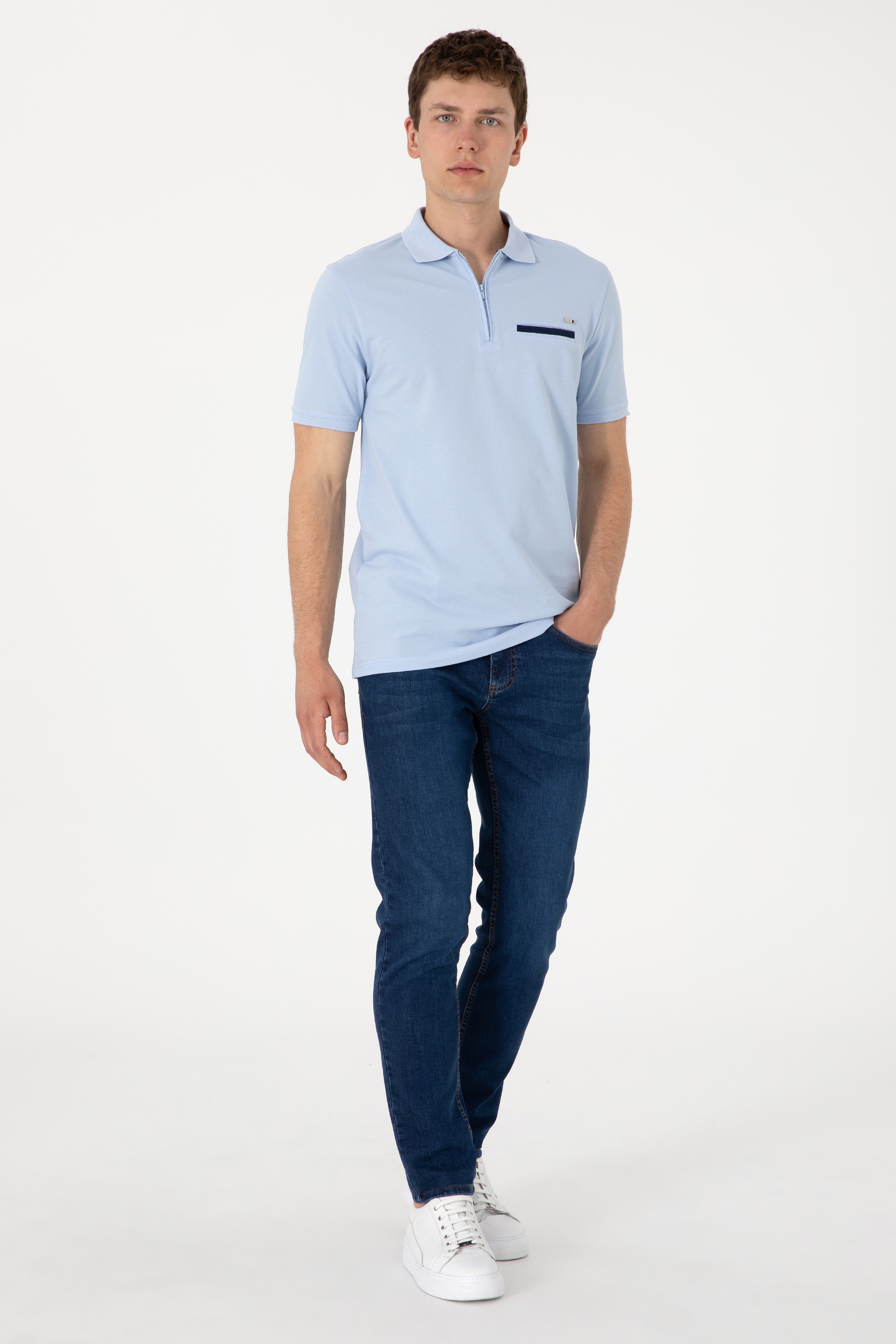 Erkek Regular Fit Fermuarlı Açık Mavi Tişört