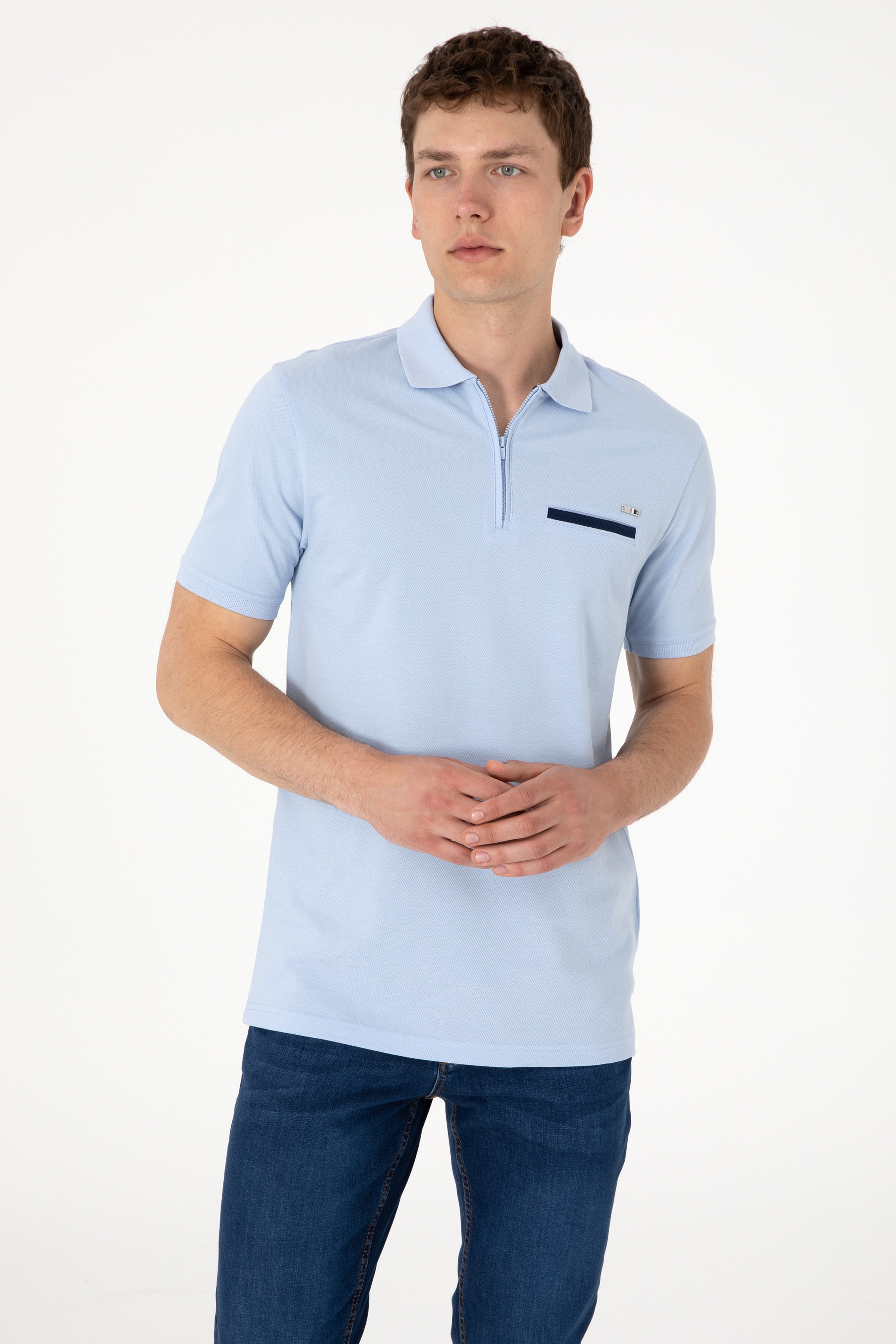 Erkek Regular Fit Fermuarlı Açık Mavi Tişört