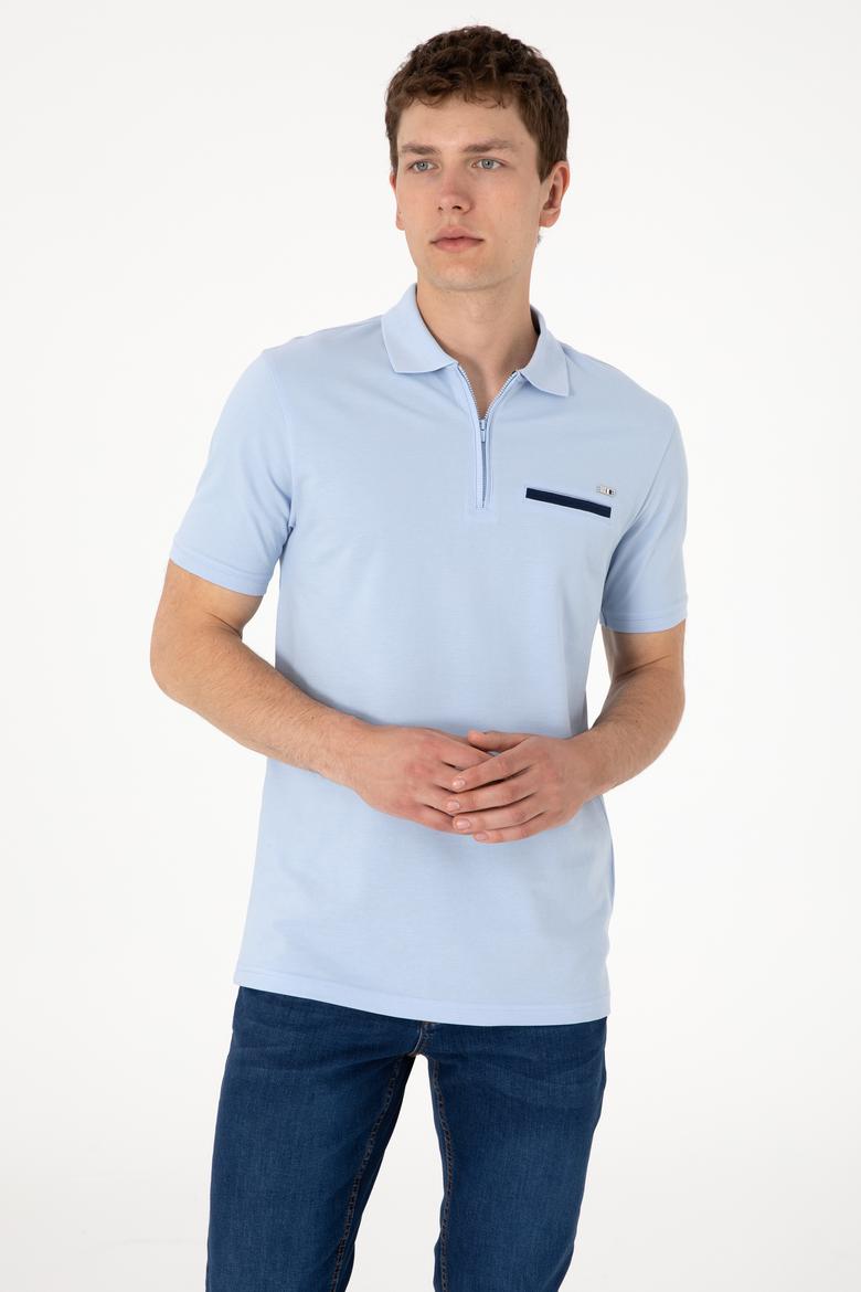Erkek Regular Fit Fermuarlı Açık Mavi Tişört - 50306788007