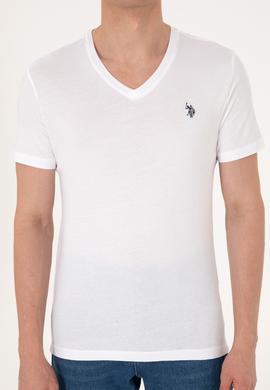 Erkek Slim Fit V Yaka Beyaz Basic Tişört - 50297985001