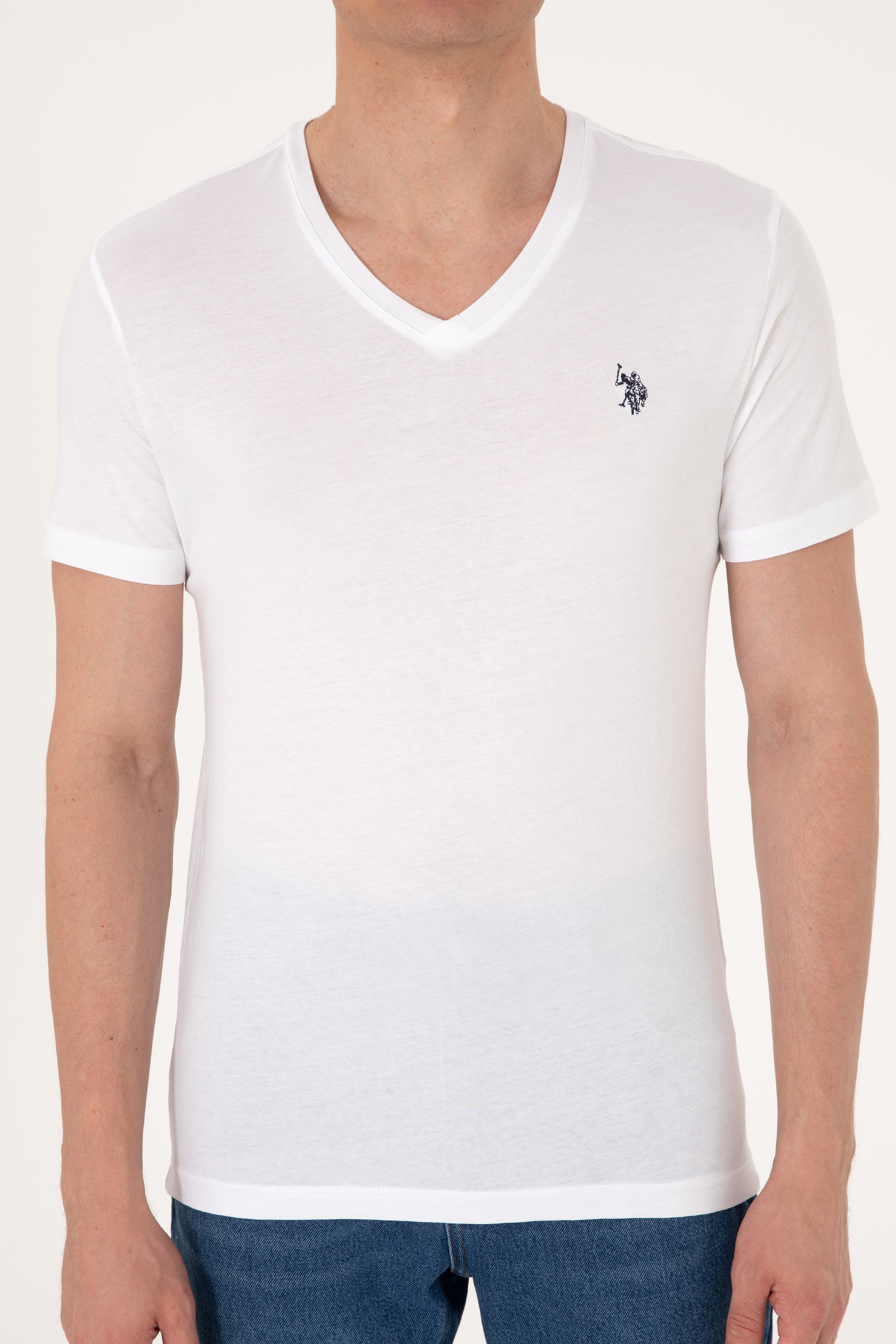 Erkek Slim Fit V Yaka Beyaz Basic Tişört - Image 6