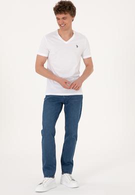 Erkek Slim Fit V Yaka Beyaz Basic Tişört - 50297985001