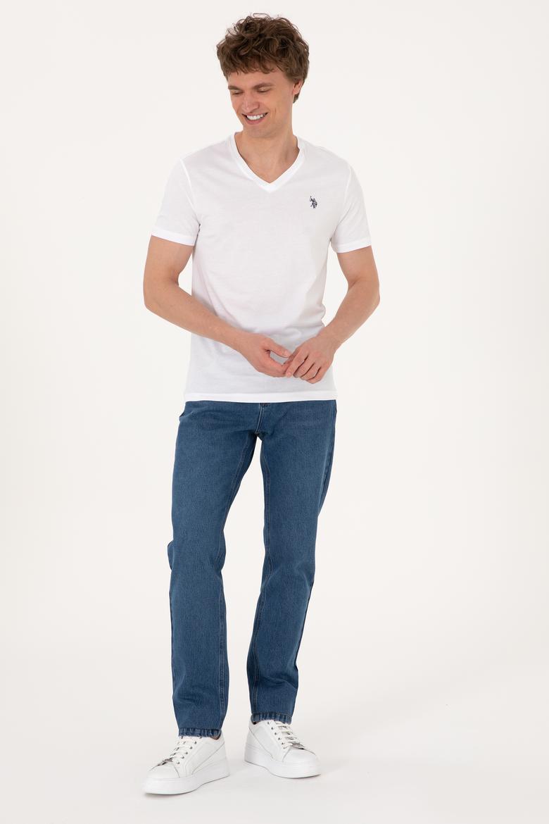 Erkek Slim Fit V Yaka Beyaz Basic Tişört - 50297985001