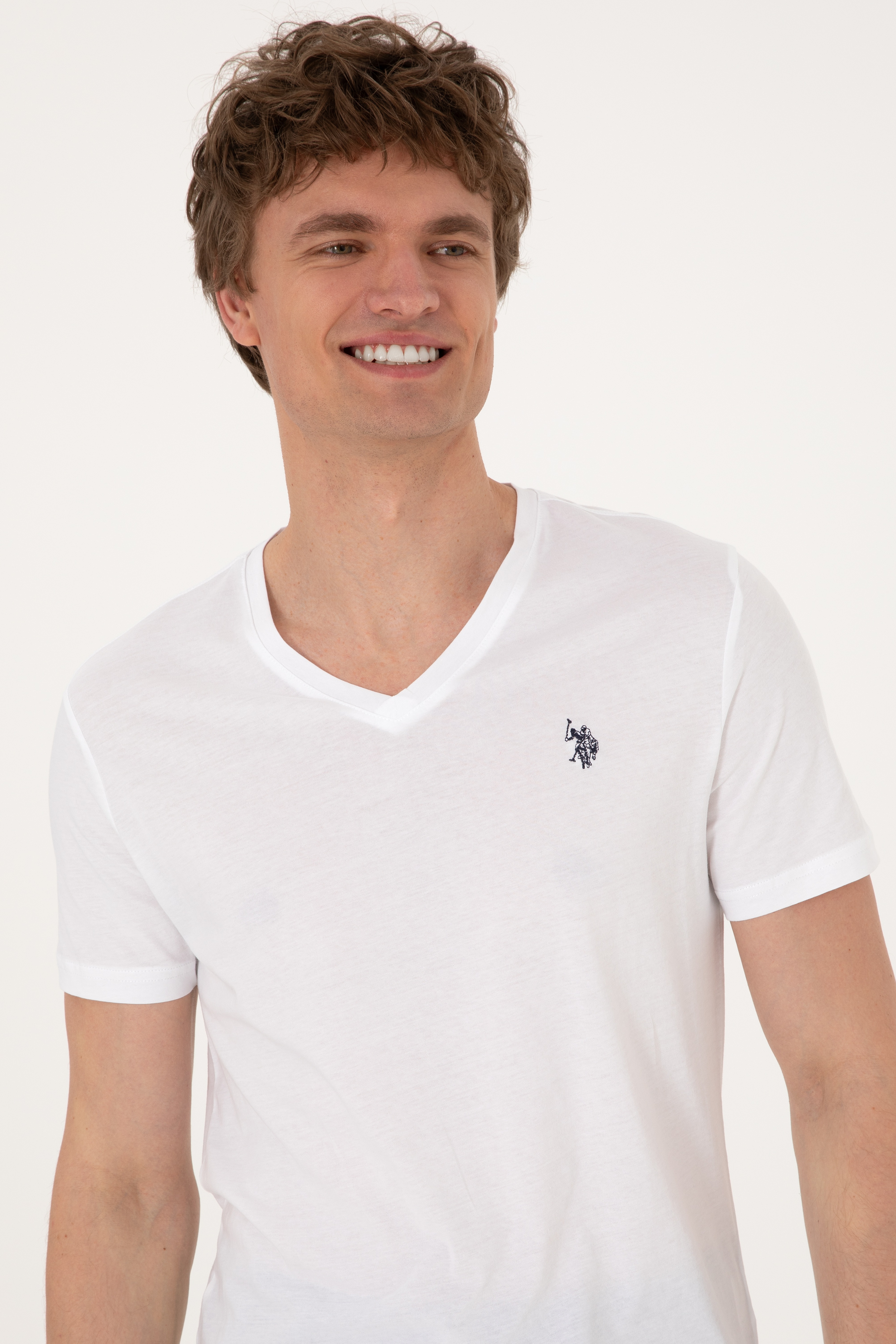 Erkek Slim Fit V Yaka Beyaz Basic Tişört - Image 2