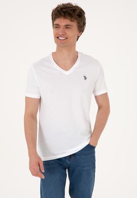 Erkek Slim Fit V Yaka Beyaz Basic Tişört - 50297985001