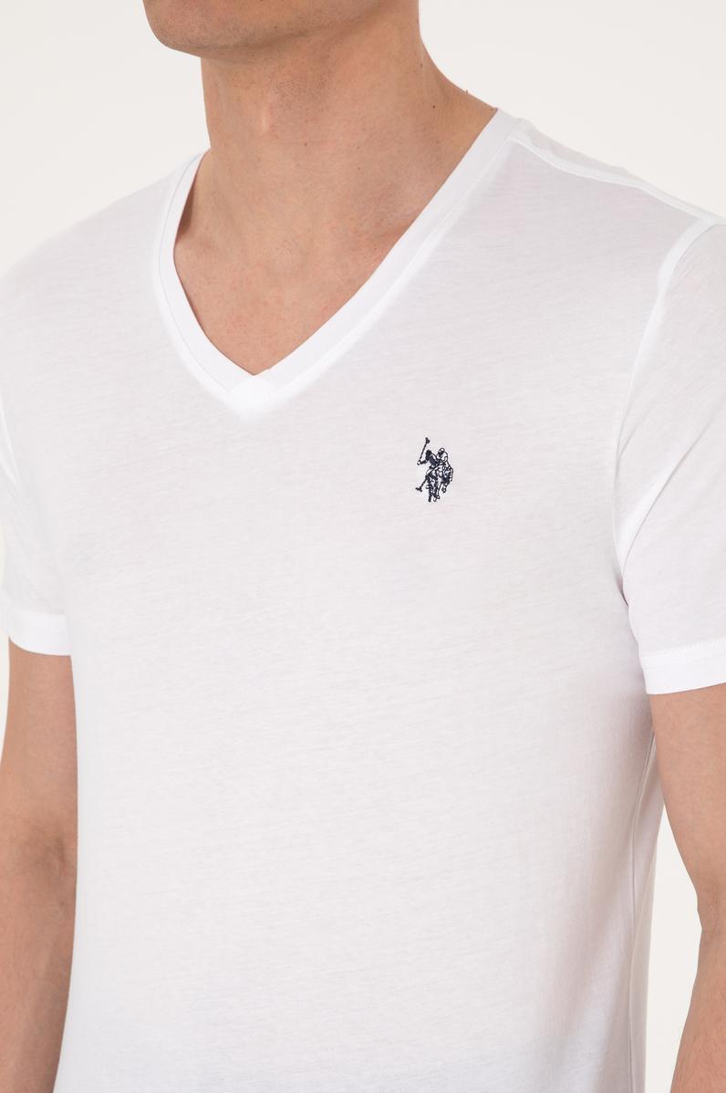 Erkek Slim Fit V Yaka Beyaz Basic Tişört