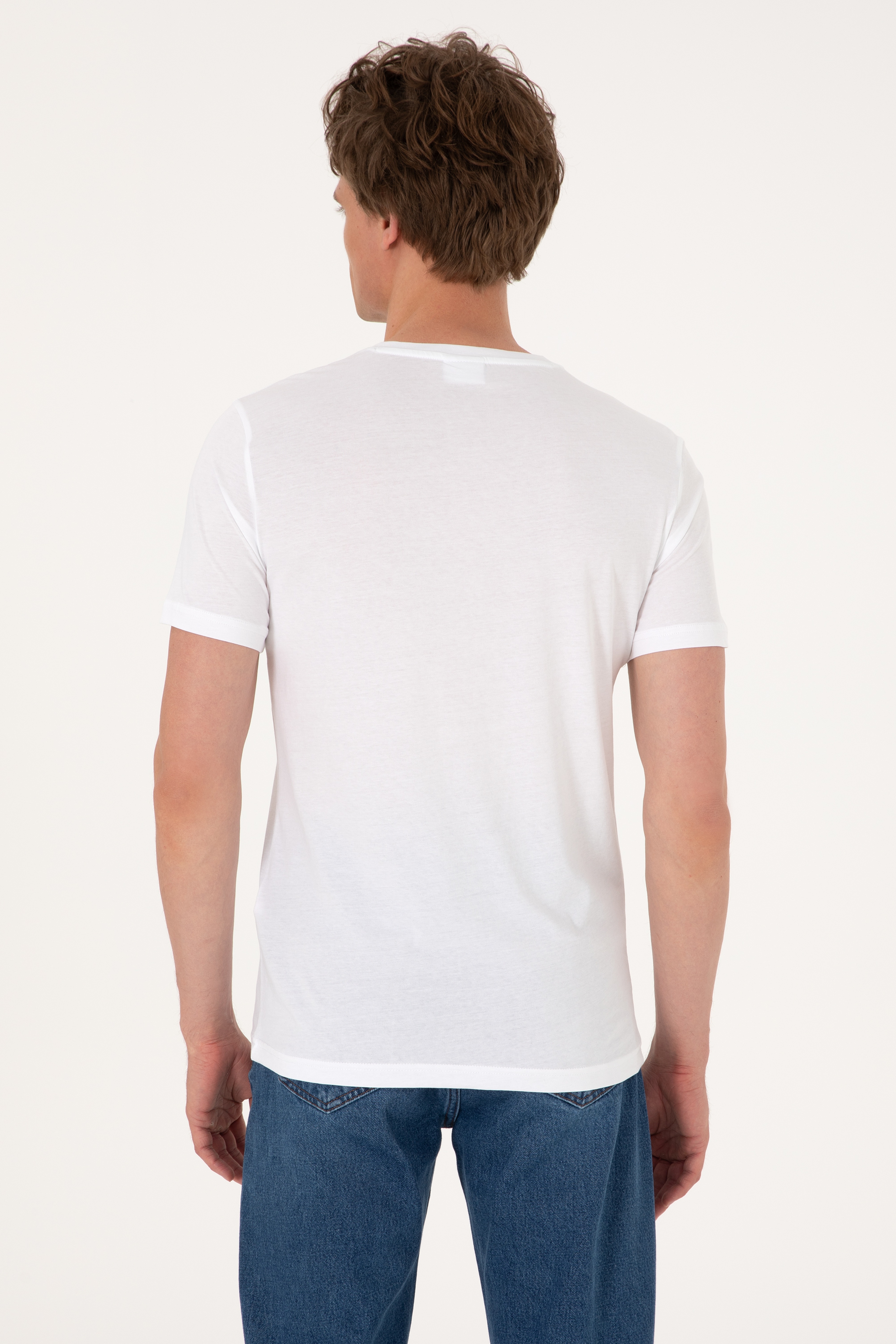 Erkek Slim Fit V Yaka Beyaz Basic Tişört