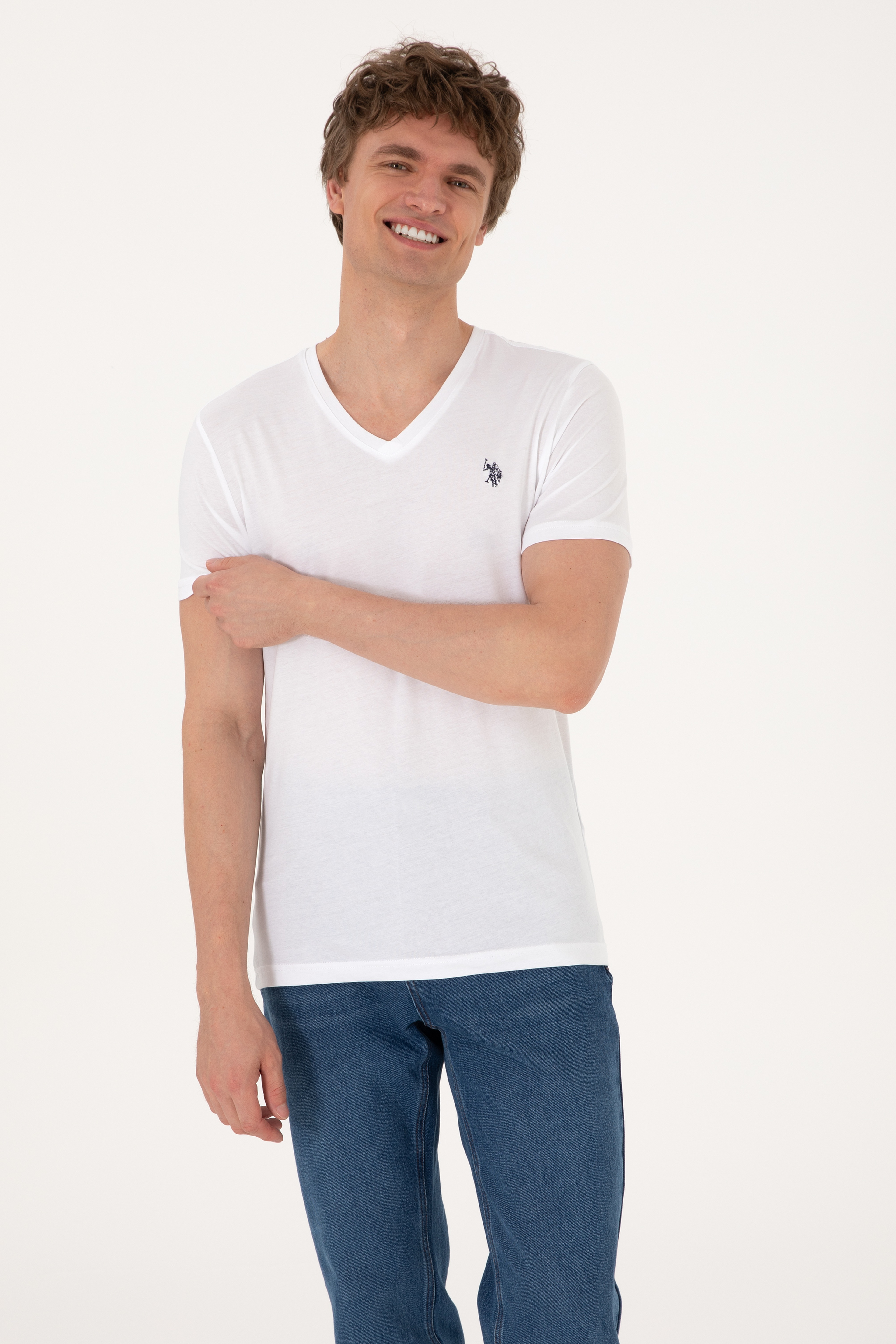 Erkek Slim Fit V Yaka Beyaz Basic Tişört