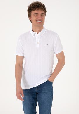 Erkek Slim Fit Polo Yaka Beyaz Dokulu Tişört - 50300104001