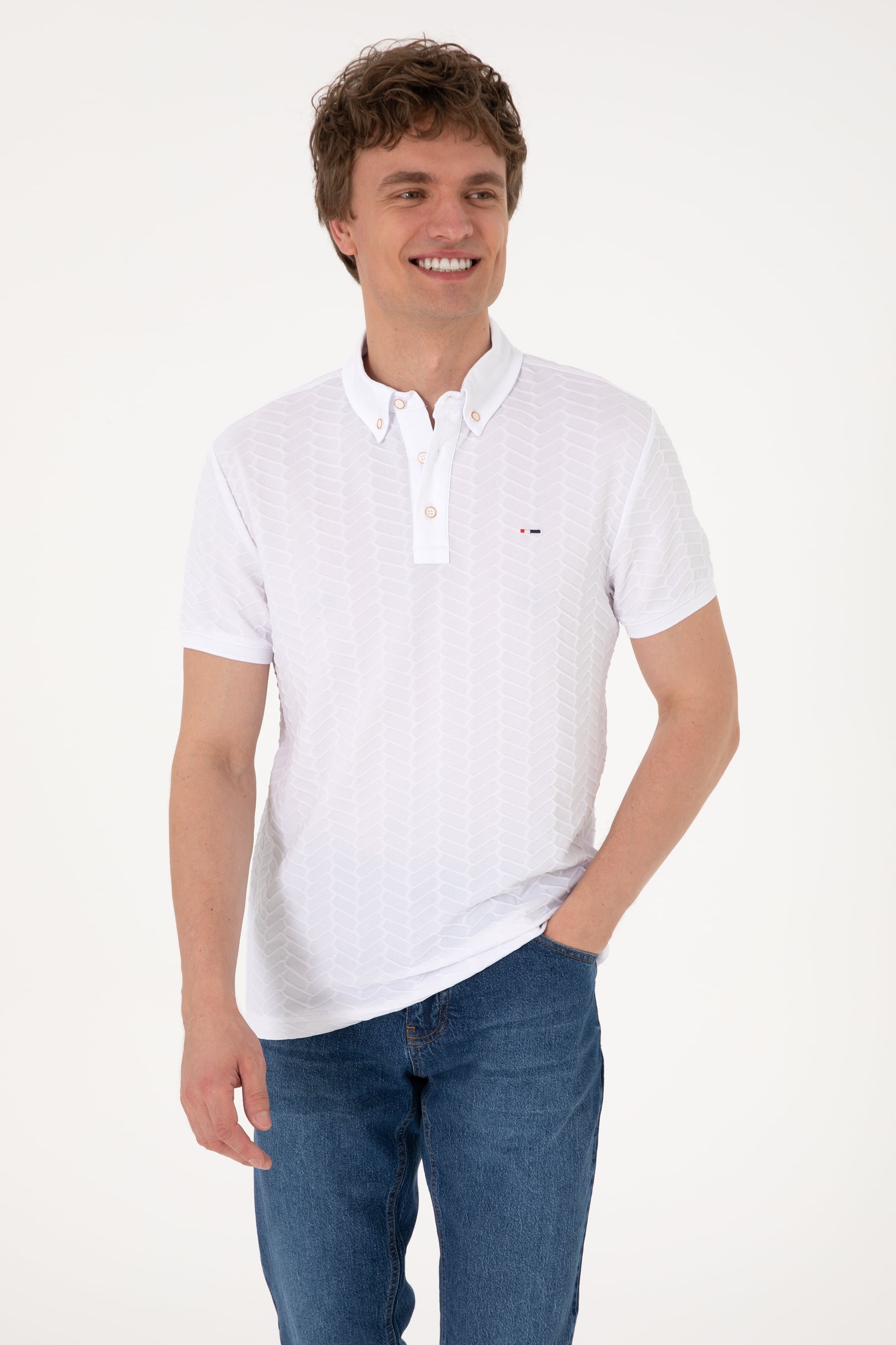 Erkek Slim Fit Polo Yaka Beyaz Dokulu Tişört - Image 3