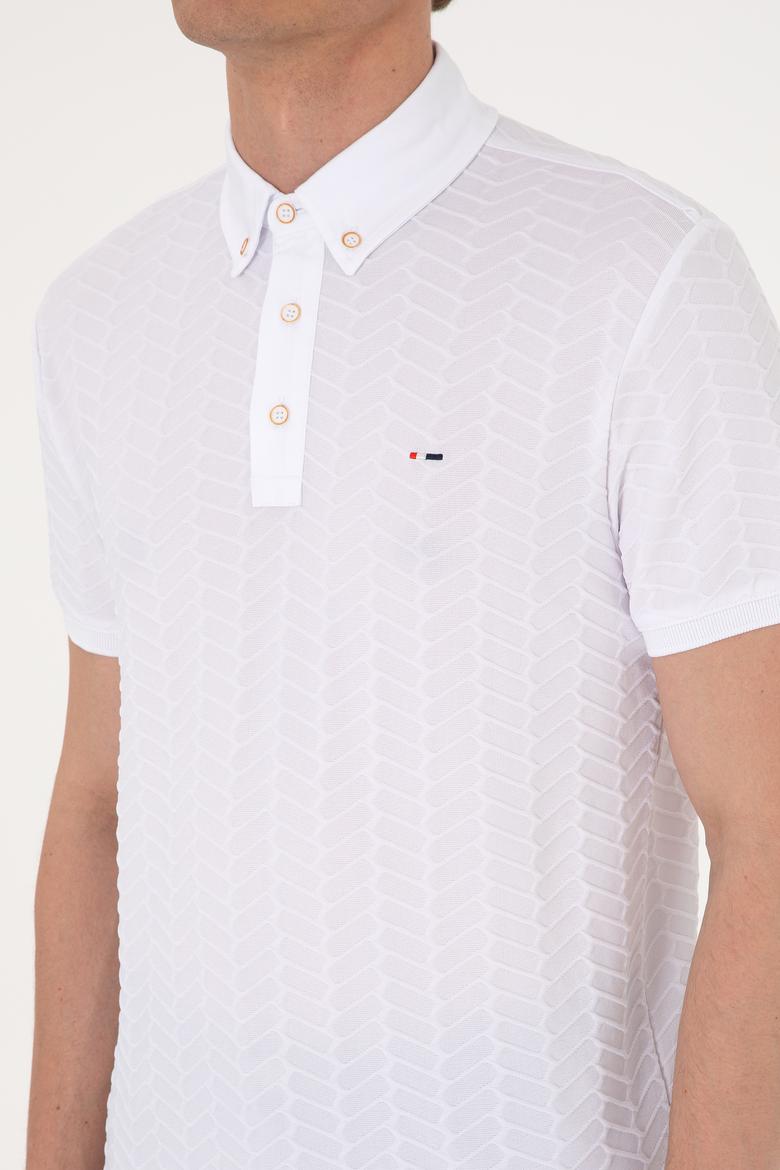 Erkek Slim Fit Polo Yaka Beyaz Dokulu Tişört - 50300104001