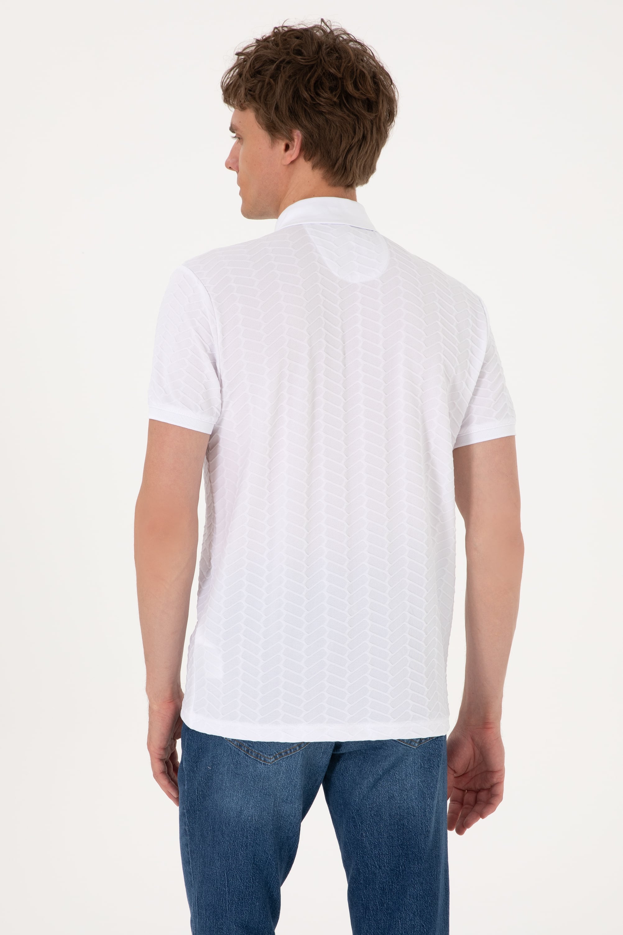 Erkek Slim Fit Polo Yaka Beyaz Dokulu Tişört - Image 5
