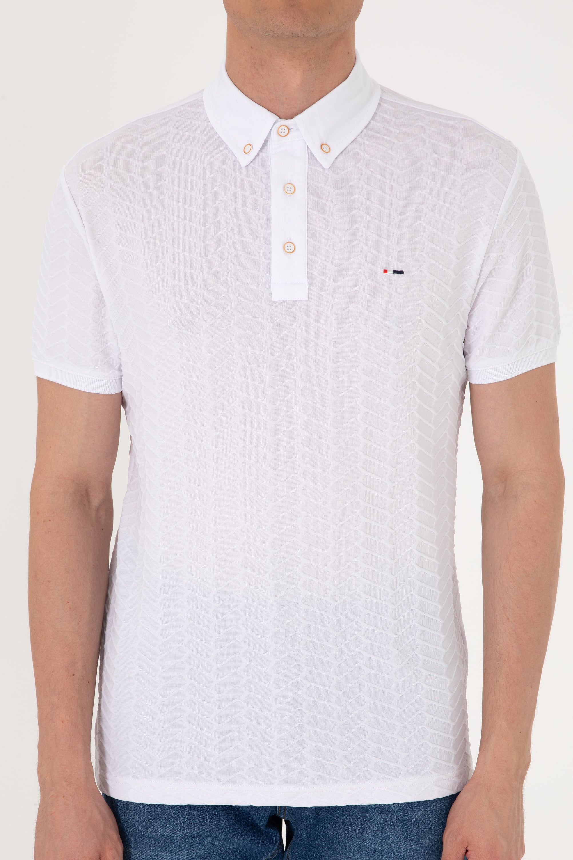 Erkek Slim Fit Polo Yaka Beyaz Dokulu Tişört - Image 6