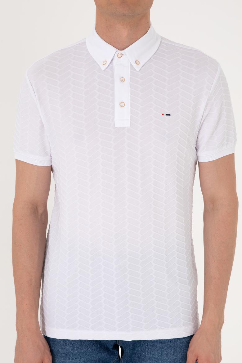 Erkek Slim Fit Polo Yaka Beyaz Dokulu Tişört - 50300104001
