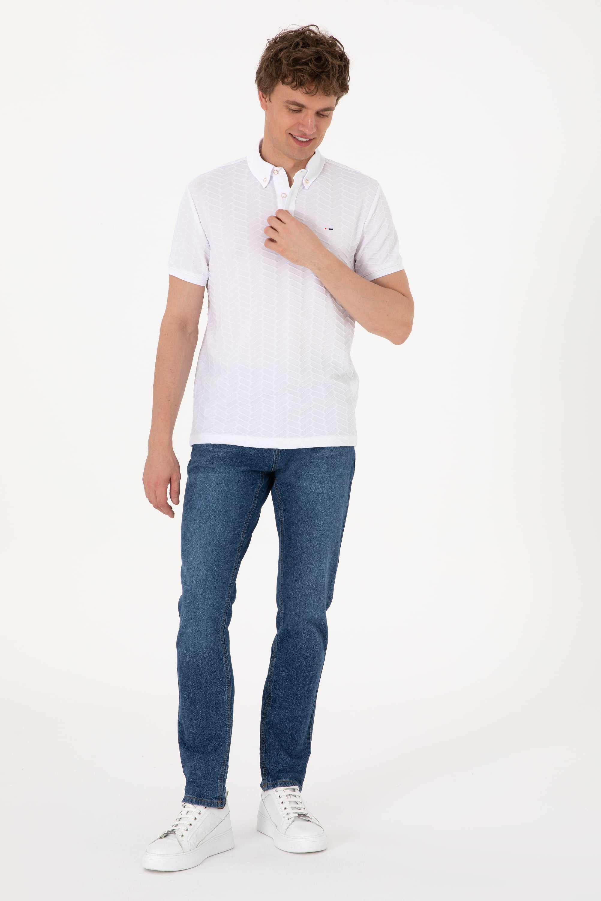 Erkek Slim Fit Polo Yaka Beyaz Dokulu Tişört