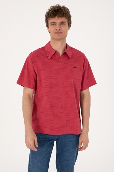 Erkek Comfort Fit Kaçık Yaka Vişne Tişört