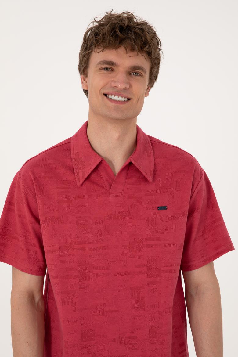 Erkek Comfort Fit Kaçık Yaka Vişne Tişört - 50303224023