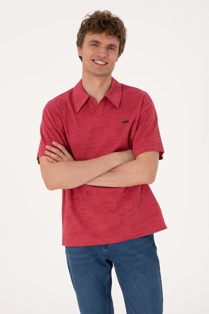 Erkek Comfort Fit Kaçık Yaka Vişne Tişört