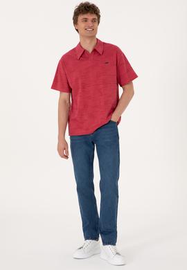 Erkek Comfort Fit Kaçık Yaka Vişne Tişört - 50303224023