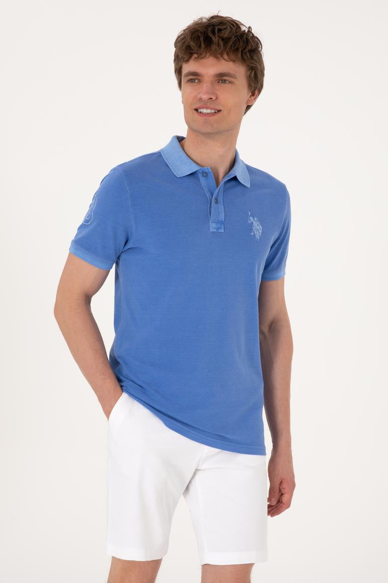 Erkek Slim Fit Polo Yaka İndigo Yıkamalı Basic Tişört