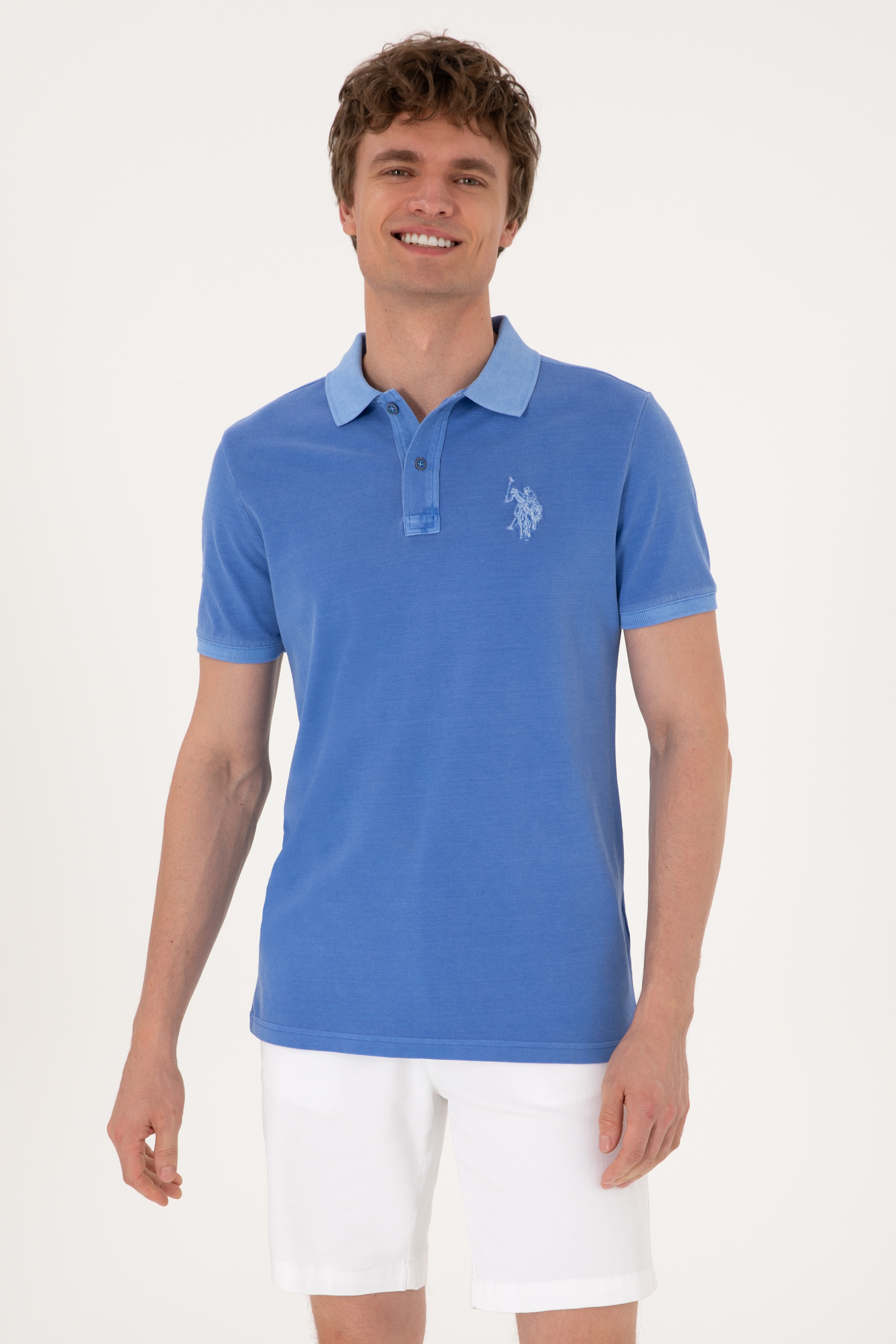 Erkek Slim Fit Polo Yaka İndigo Yıkamalı Basic Tişört