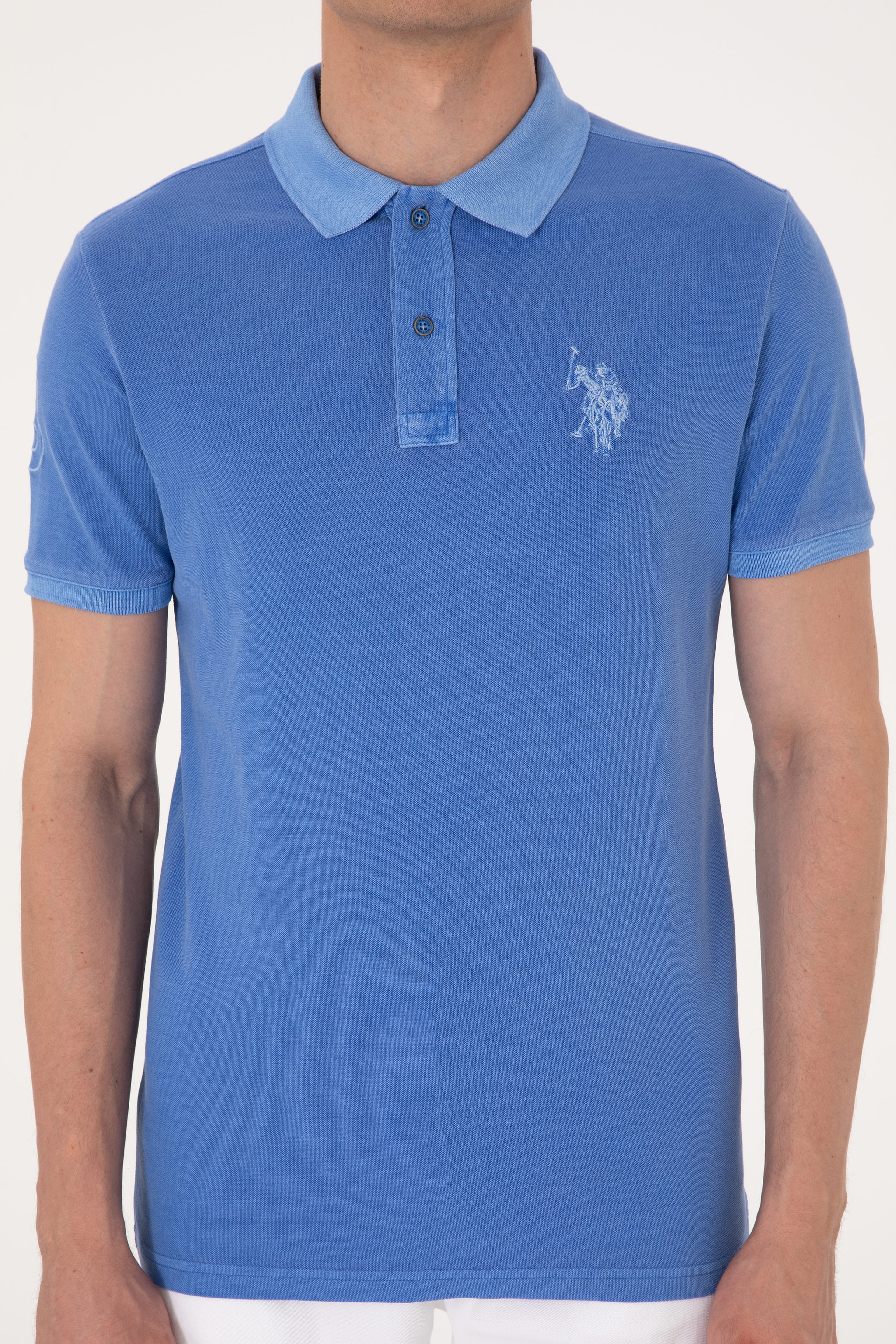 Erkek Slim Fit Polo Yaka İndigo Yıkamalı Basic Tişört