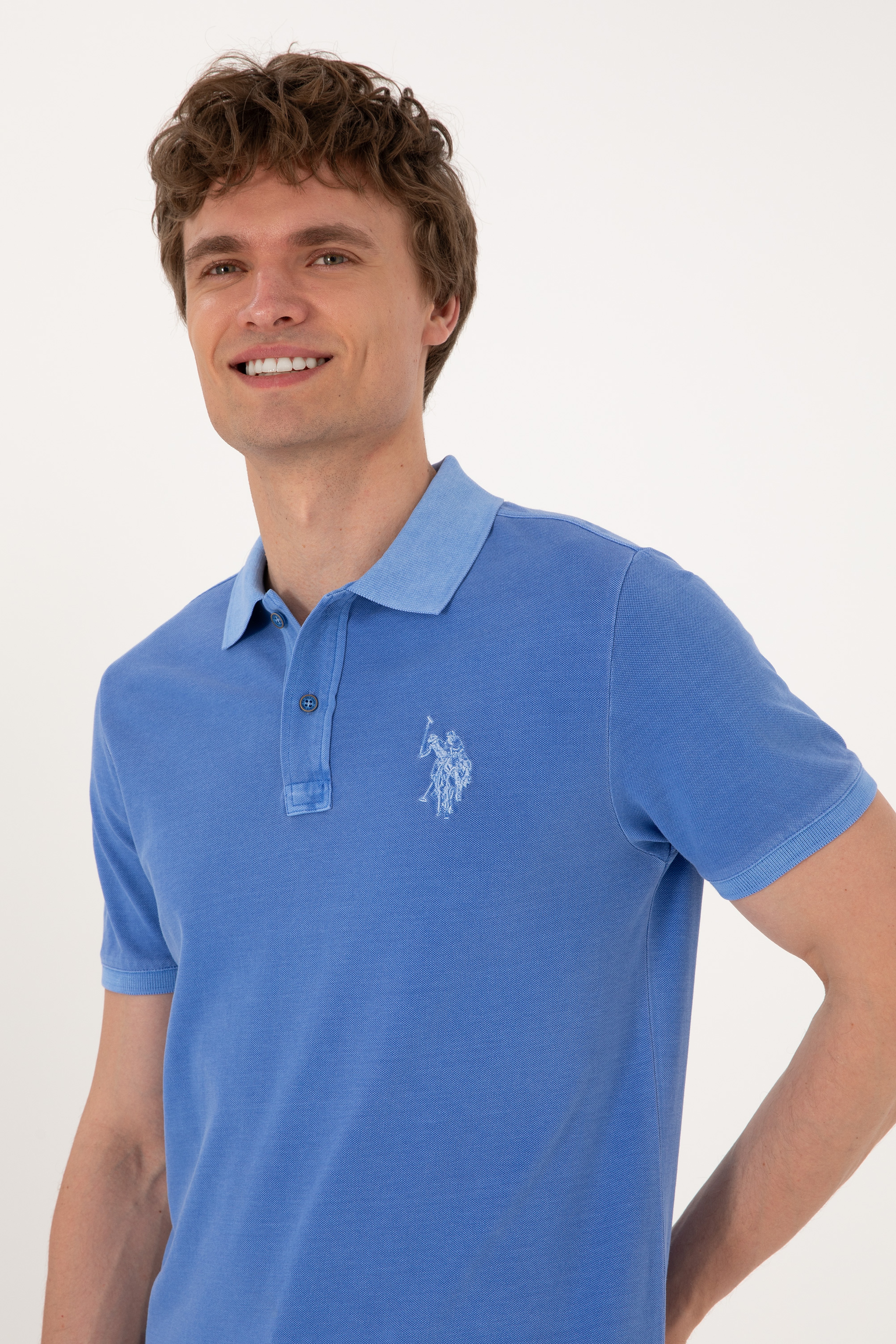 Erkek Slim Fit Polo Yaka İndigo Yıkamalı Basic Tişört - Image 2