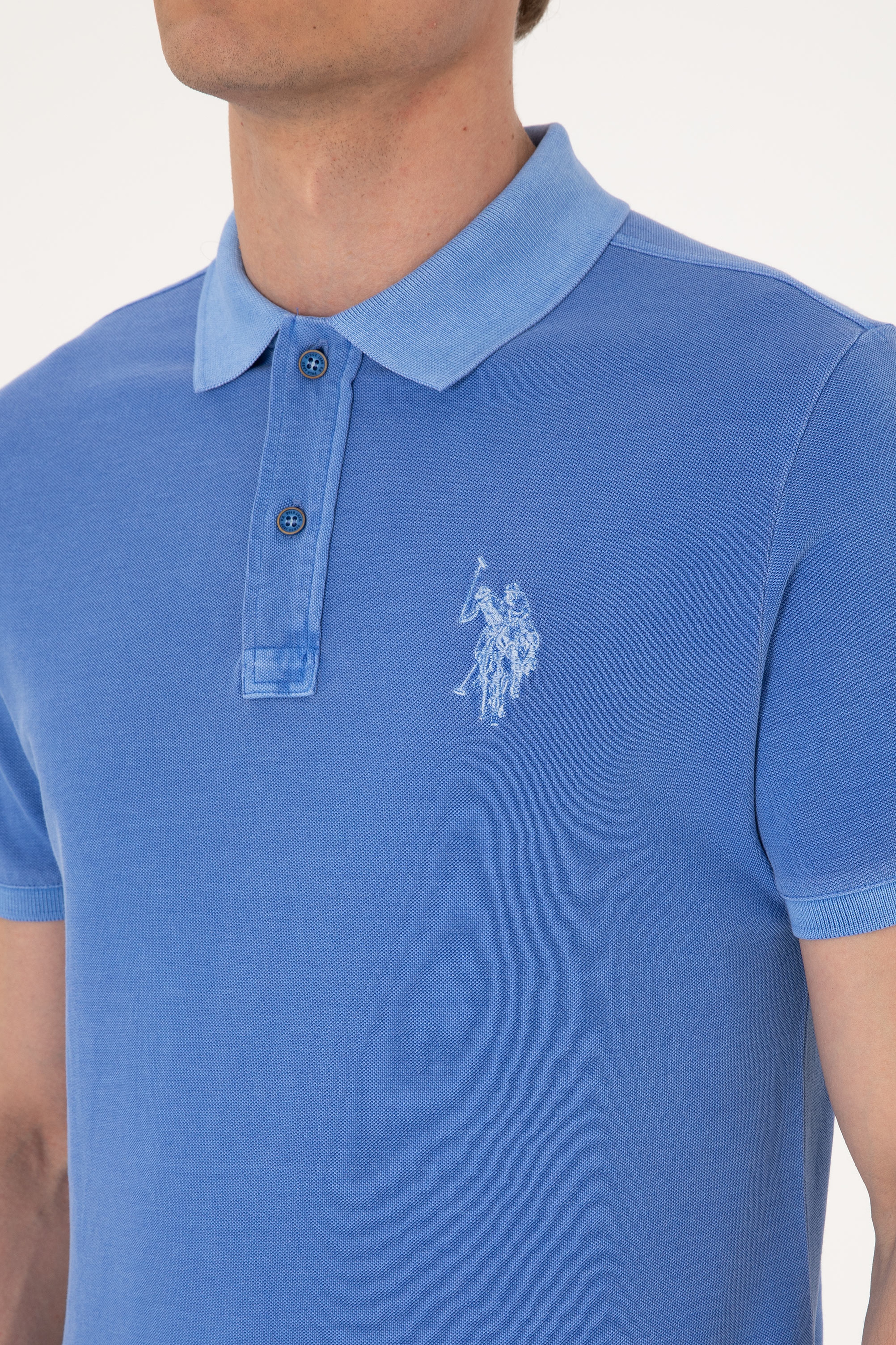 Erkek Slim Fit Polo Yaka İndigo Yıkamalı Basic Tişört - Image 7