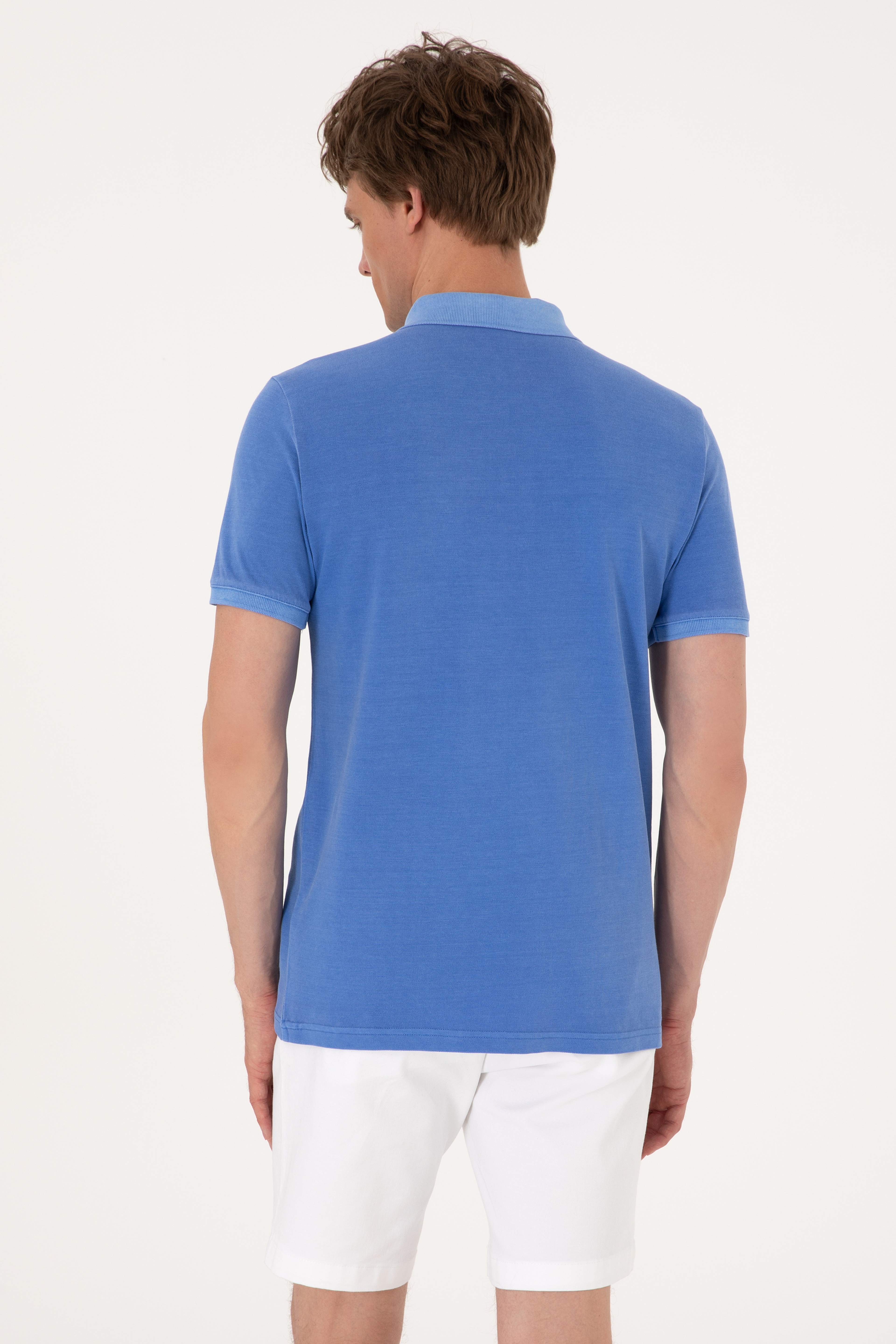Erkek Slim Fit Polo Yaka İndigo Yıkamalı Basic Tişört - Image 5