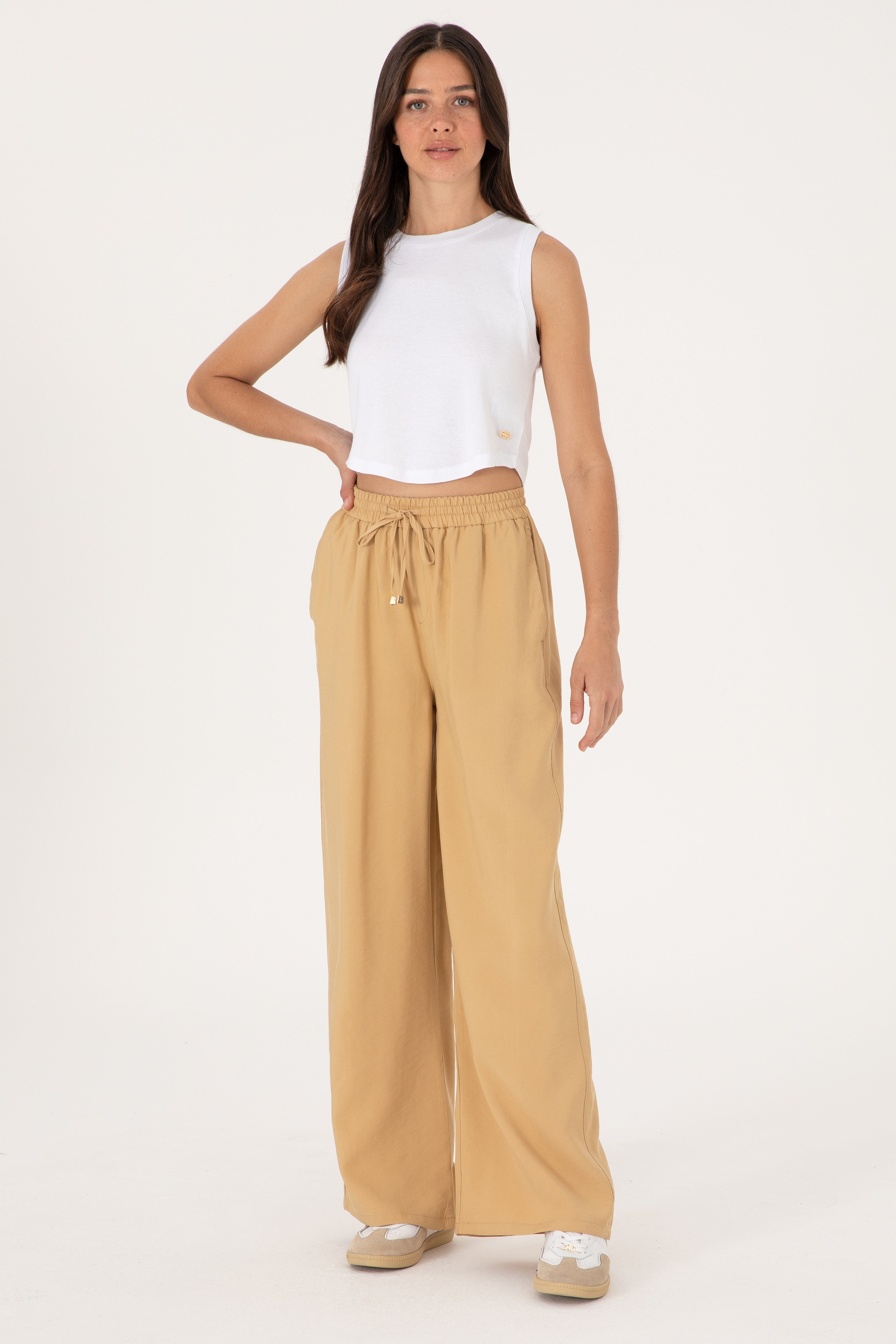Kadın Camel Loose Relax Fit Kanvas Pantolon