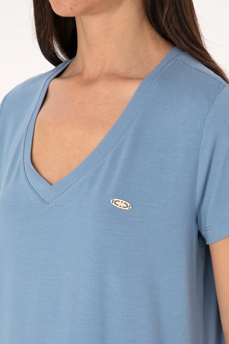 Kadın Mavi V Yaka Basic Tişört - 50300829168