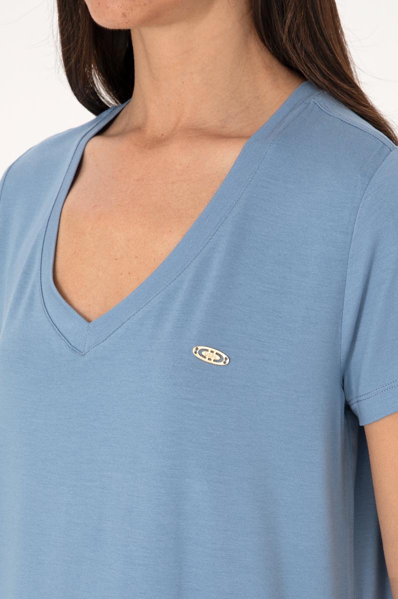 Kadın Mavi V Yaka Basic Tişört
