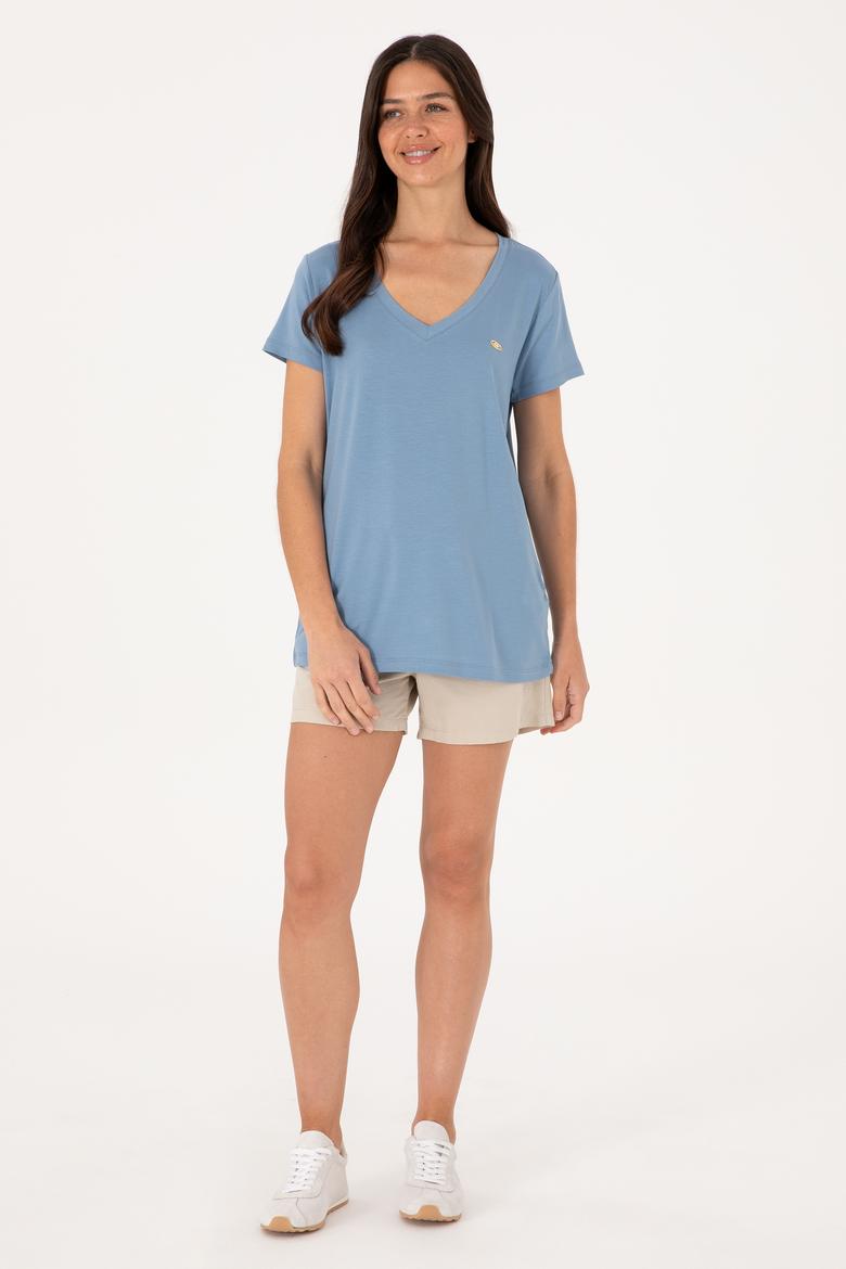 Kadın Mavi V Yaka Basic Tişört - 50300829168