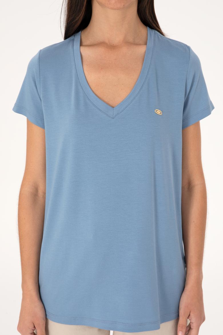 Kadın Mavi V Yaka Basic Tişört - 50300829168