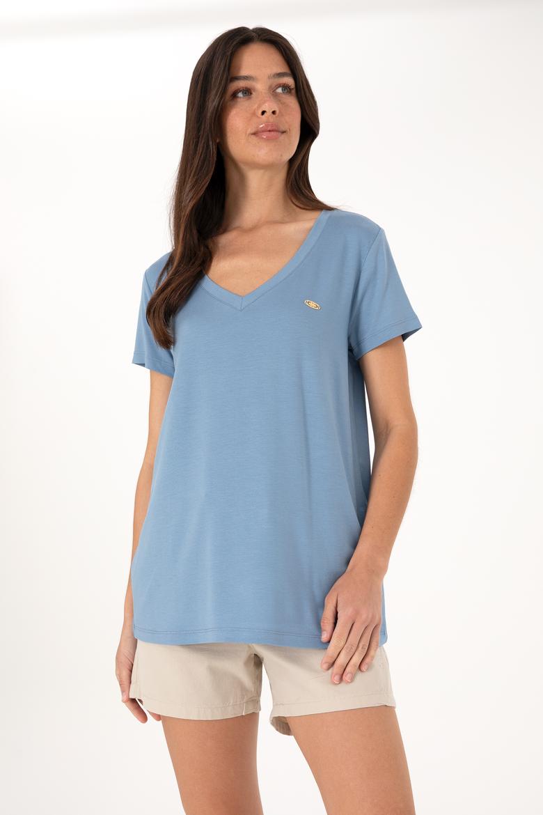 Kadın Mavi V Yaka Basic Tişört - 50300829168