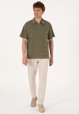 Erkek Comfort Fit Kaçık Yaka Koyu Haki Tişört - 50303224006