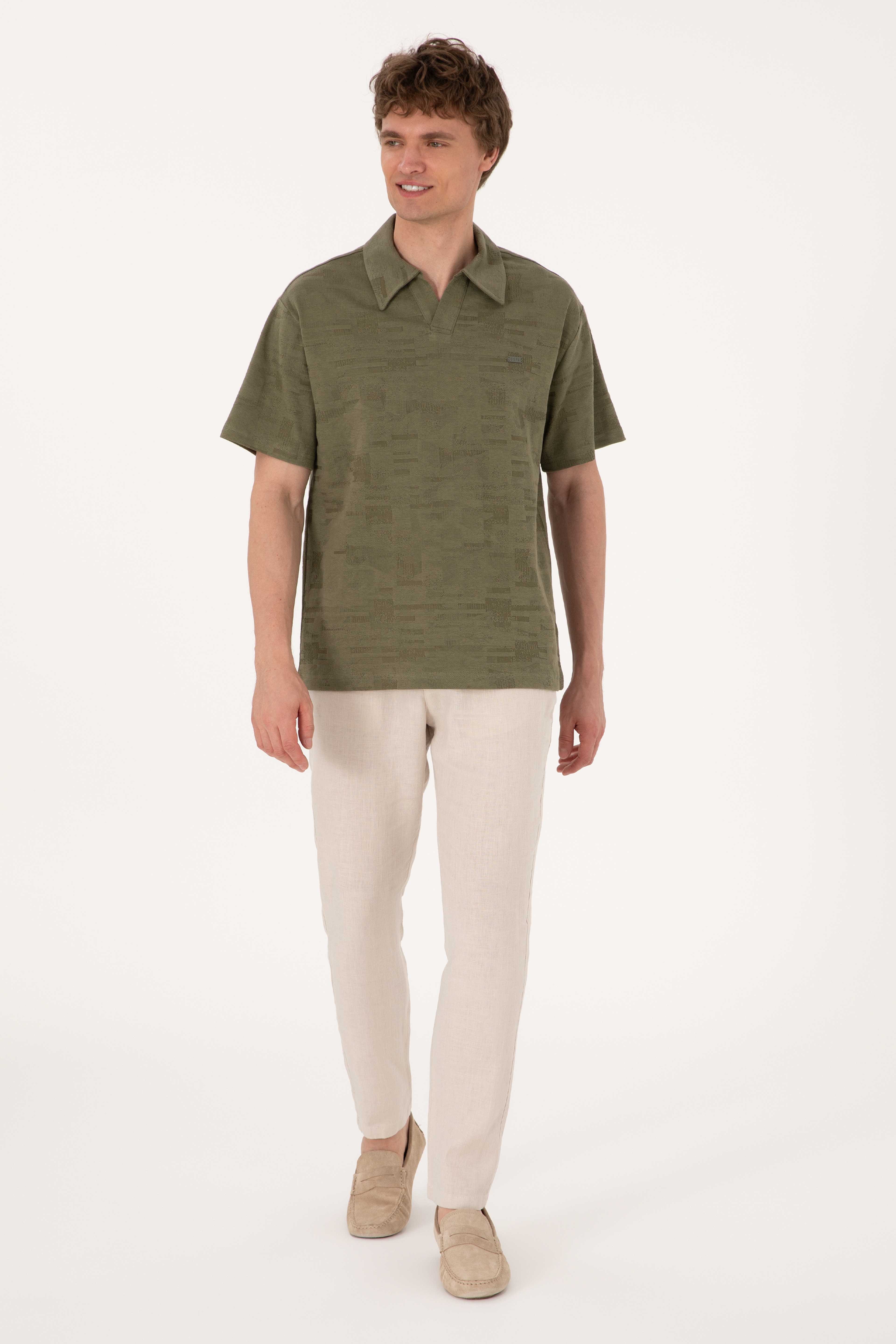 Erkek Comfort Fit Kaçık Yaka Koyu Haki Tişört - Image 4