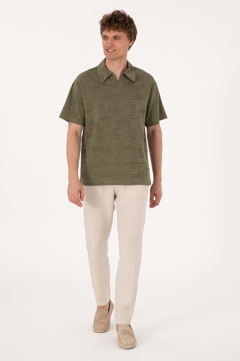 Erkek Comfort Fit Kaçık Yaka Koyu Haki Tişört - 50303224006
