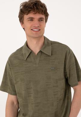 Erkek Comfort Fit Kaçık Yaka Koyu Haki Tişört - 50303224006