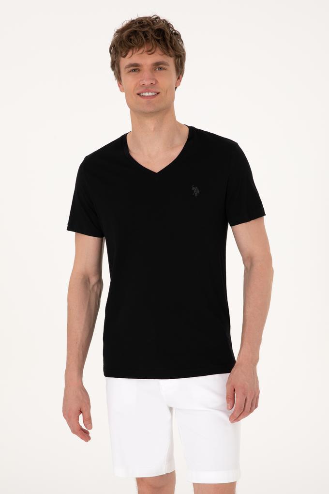 Erkek Slim Fit V Yaka Siyah Basic Tişört