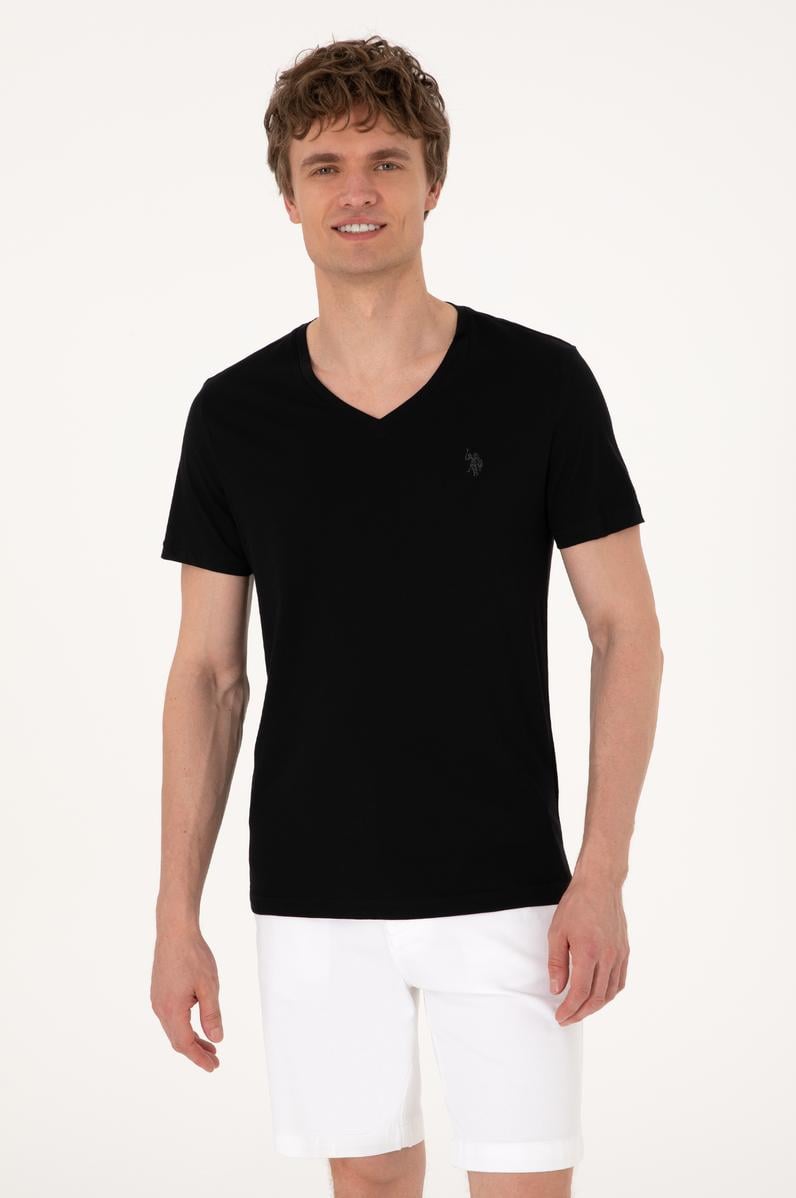 Erkek Slim Fit V Yaka Siyah Basic Tişört